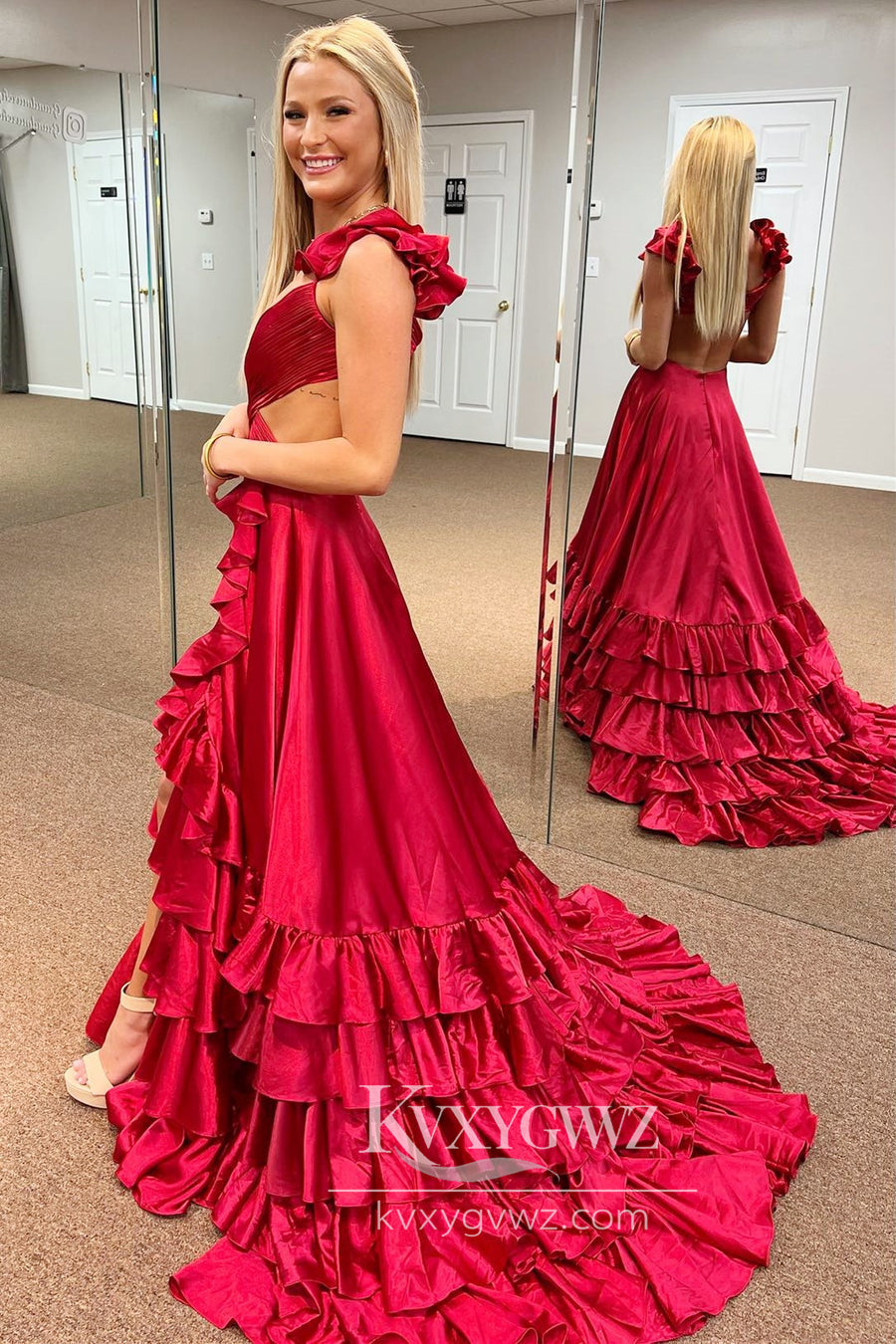 Flowy Red Cutout Ruffles Evening Gown A-Line Long Prom Dress with Slit LF897