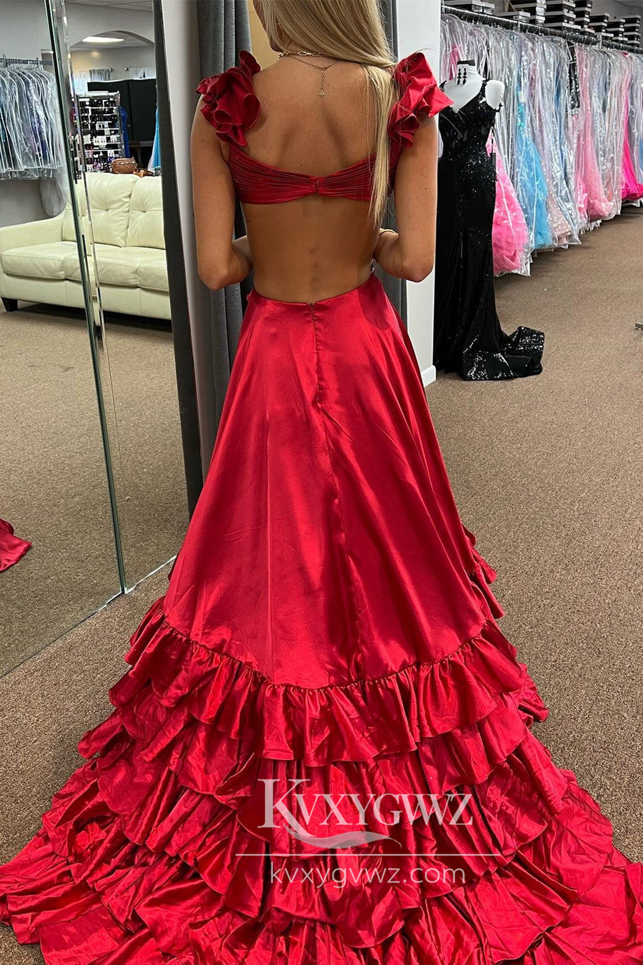 Flowy Red Cutout Ruffles Evening Gown A-Line Long Prom Dress with Slit LF897