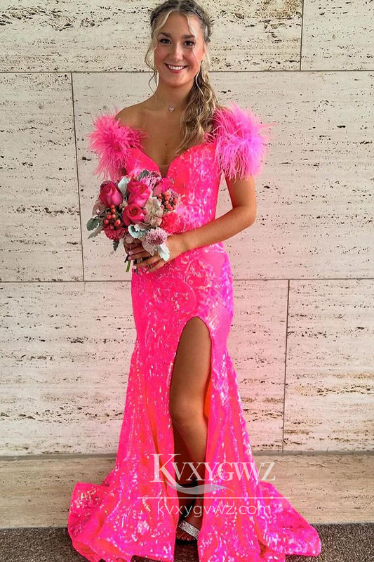 Fashion Mermaid Fuchsia Evening Gown Sequins Off the Shoulder Prom Dress LF898
