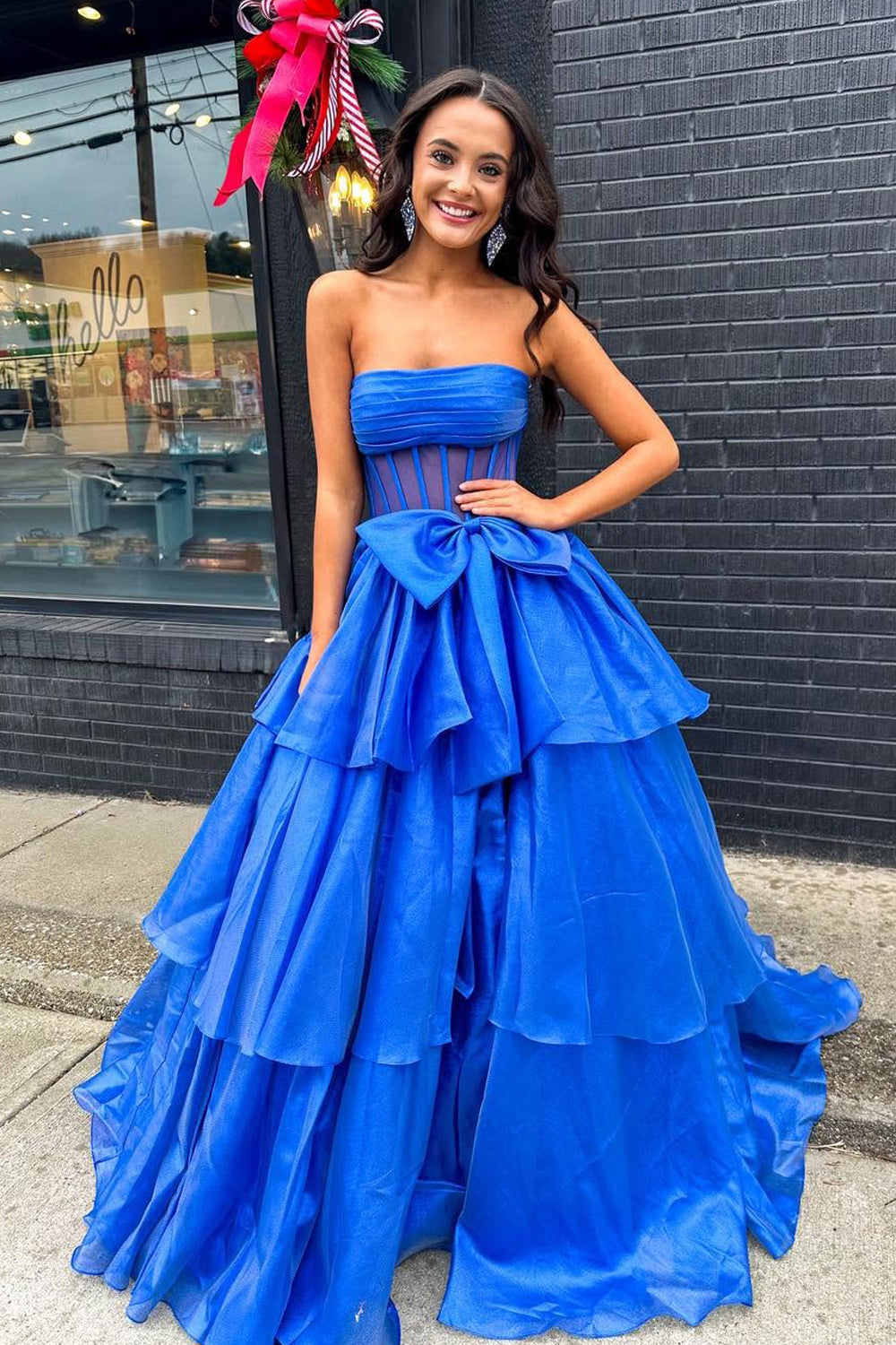 Ball Gown Strapless Royal Blue Organza Long Prom Dress Gown with Bow LF1240
