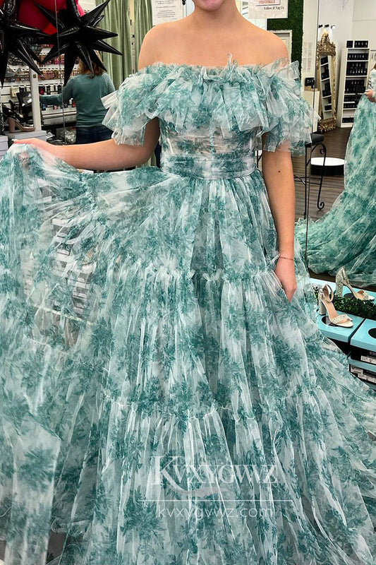 Floral Printed Off the Shoulder Evening Gown Ruffles Tiered Tulle Long Prom Dress LF899