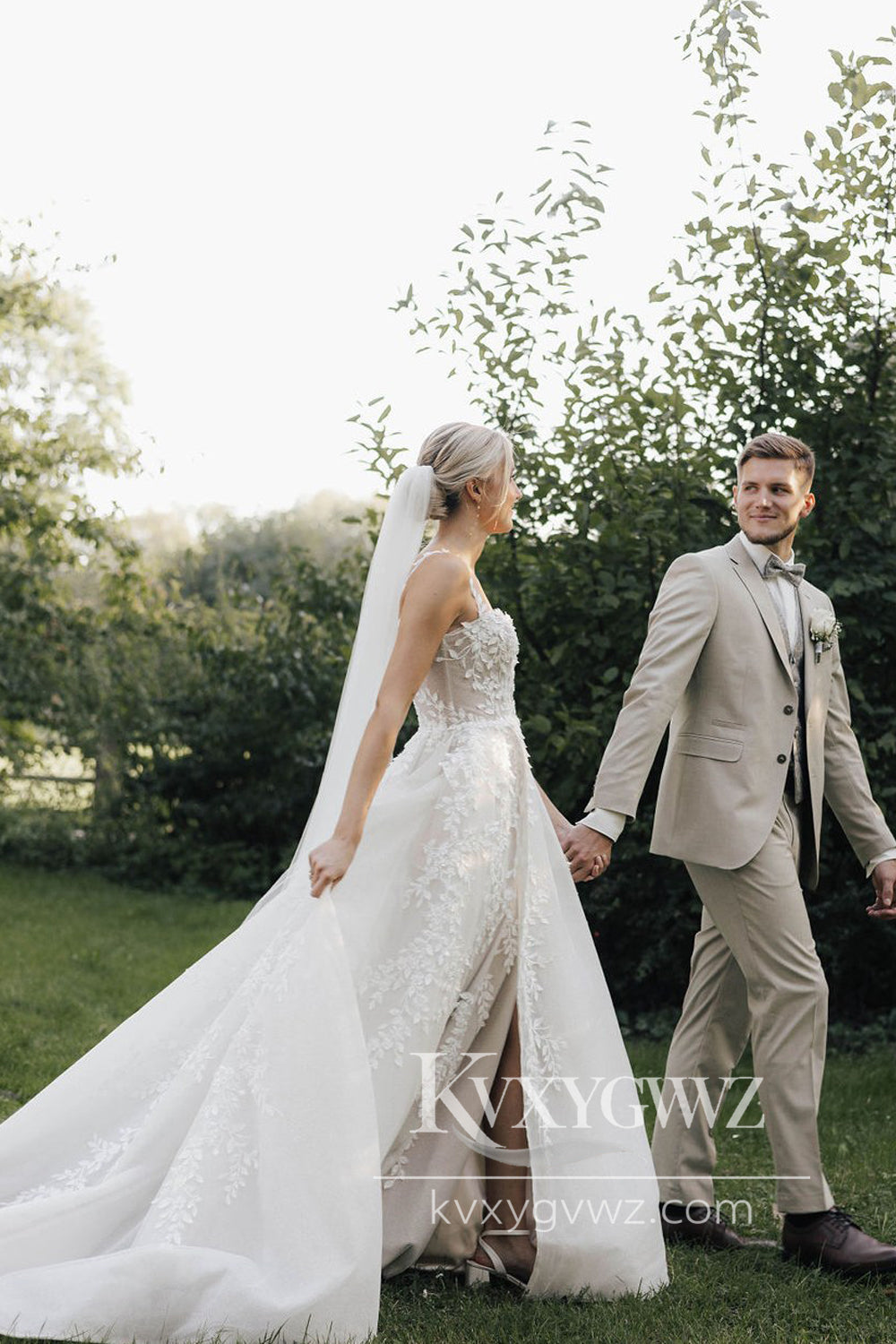 Pastoral Style A Line Boat Neck Satin Long Wedding Dresses Gown with Appliques HS899