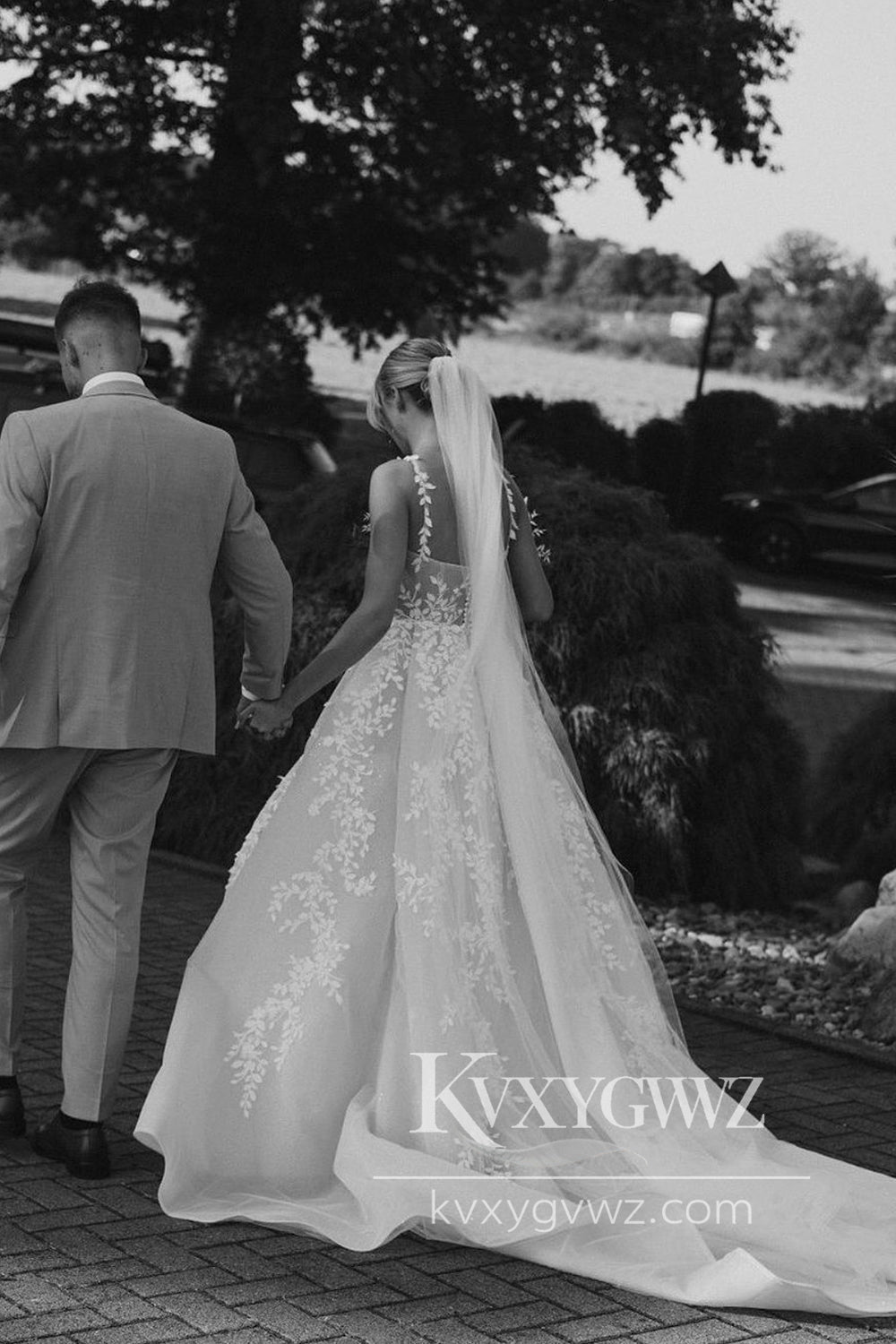 Pastoral Style A Line Boat Neck Satin Long Wedding Dresses Gown with Appliques HS899