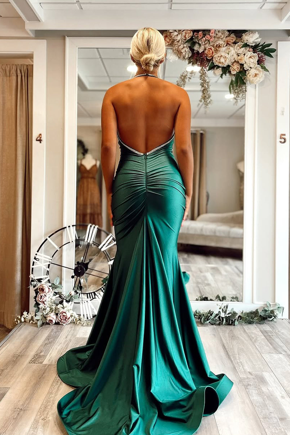Mermaid Halter Dark Green Satin Long Prom Dress Gown with Beadings LF1405