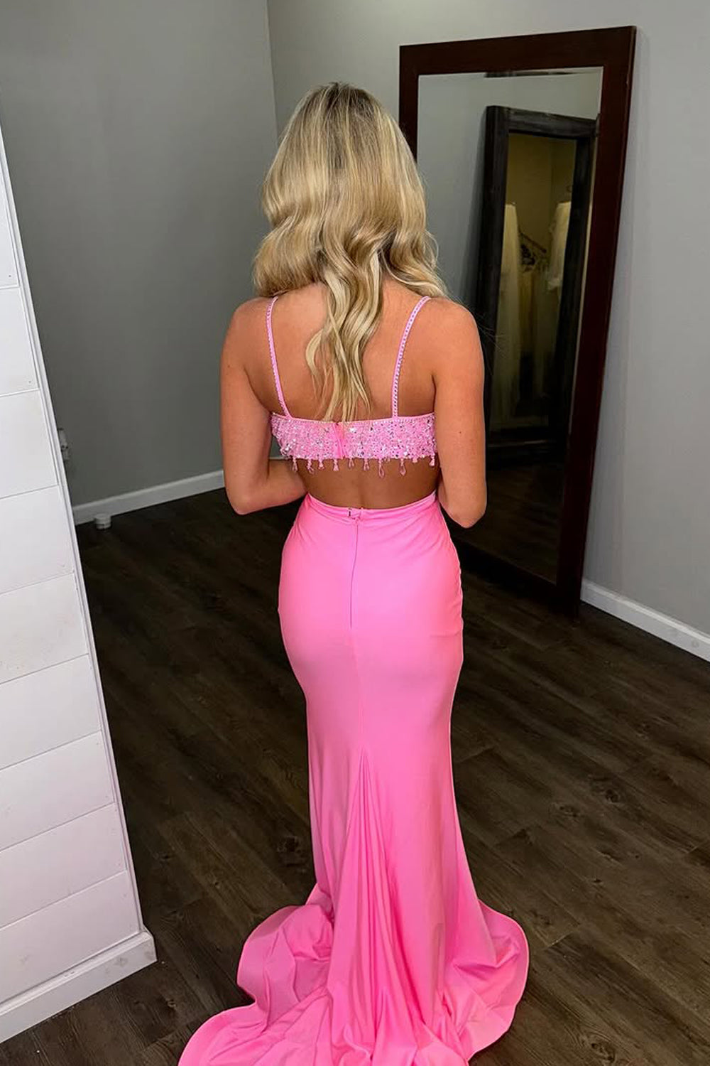 Two Piece V Neck Pink Sequins Long Prom Dress Gown LF1396