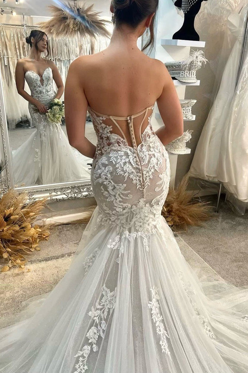 Glamorous Mermaid Sweetheart Tulle Wedding Dresses Gown with Appliques HS908