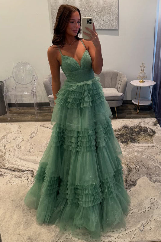 A-Line V Neck Sage Green Tulle Long Prom Dress Gown LF1336