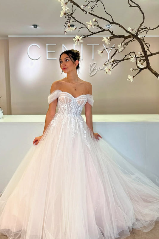 Pastoral Style A Line Off the Shoulder Tulle Wedding Dresses Gown with Appliques HS882