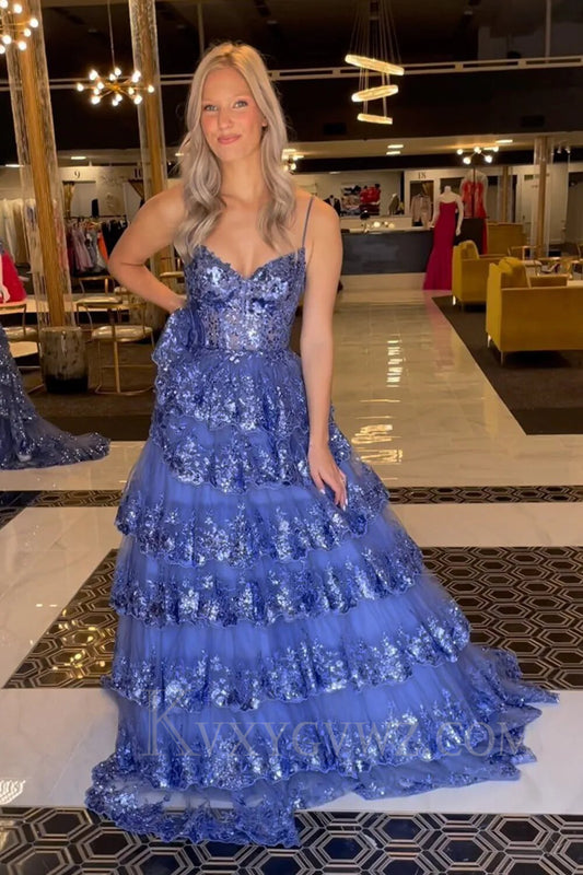 Sparkly Dark Blue Spaghetti Straps Tiered Lace Long Corset Prom Dress LF009