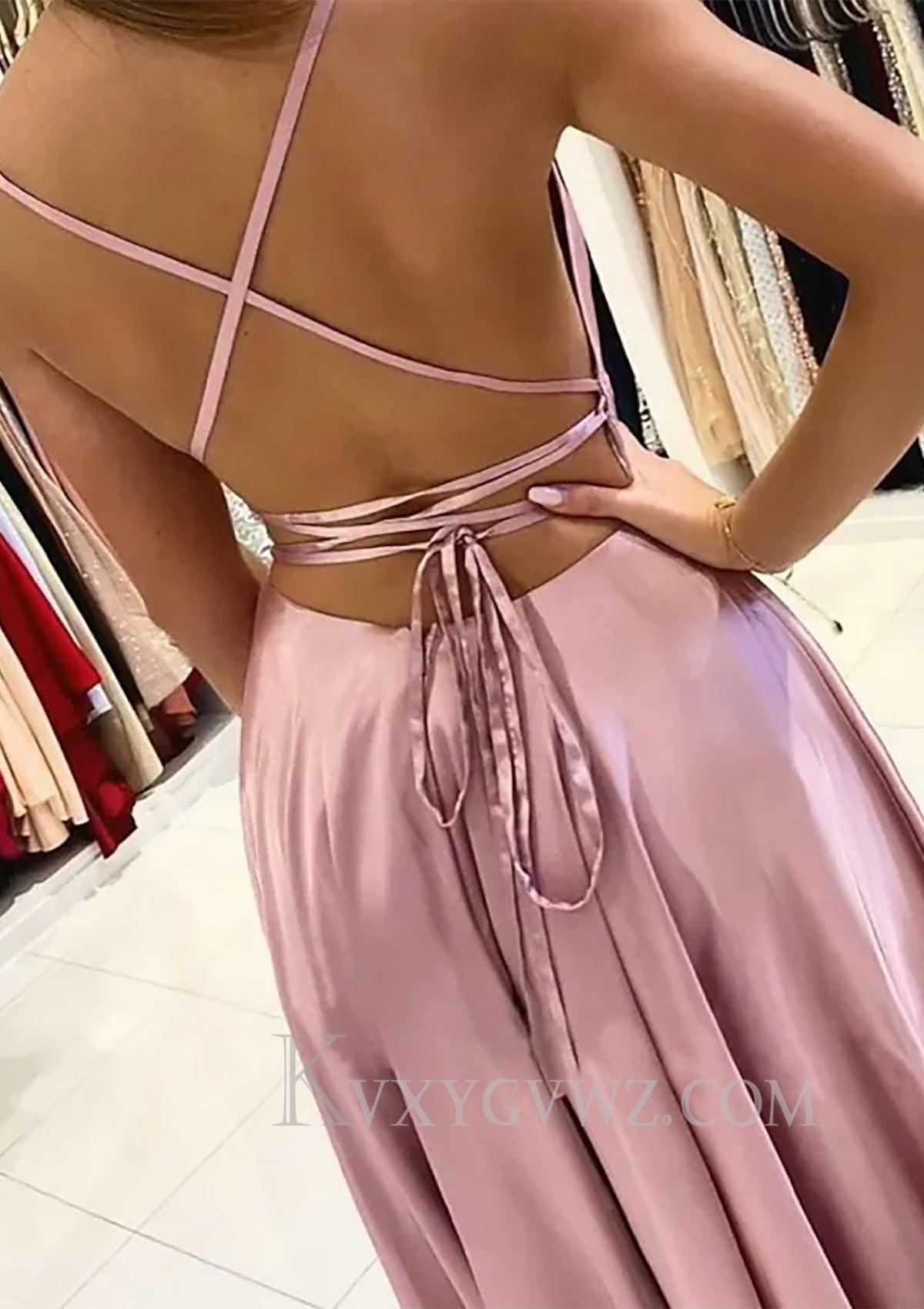 A-line Square Neckline Sleeveless Satin Sweep Train Prom Dress With Pleated LF090
