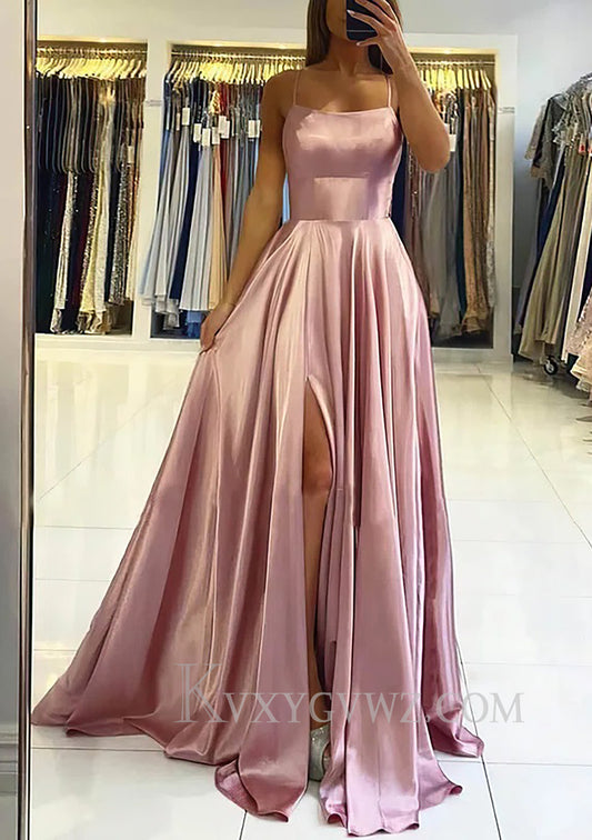 A-line Square Neckline Sleeveless Satin Sweep Train Prom Dress With Pleated LF090