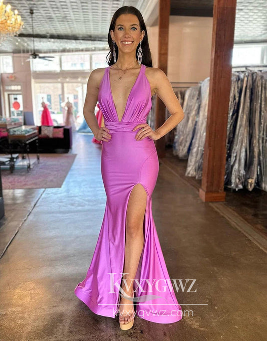 Deep V-Neck Cross Back Evening Gown Long Satin Prom Dress With Split LF900