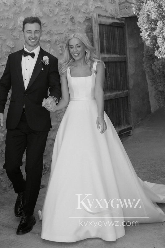 Cute A Line Square Neck Satin Long Wedding Dresses Gown HS900