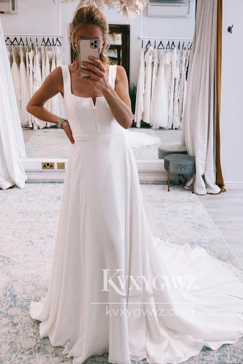 Simple A Line V Neck Satin Long Wedding Dresses Gown With Sweep Train  HS901