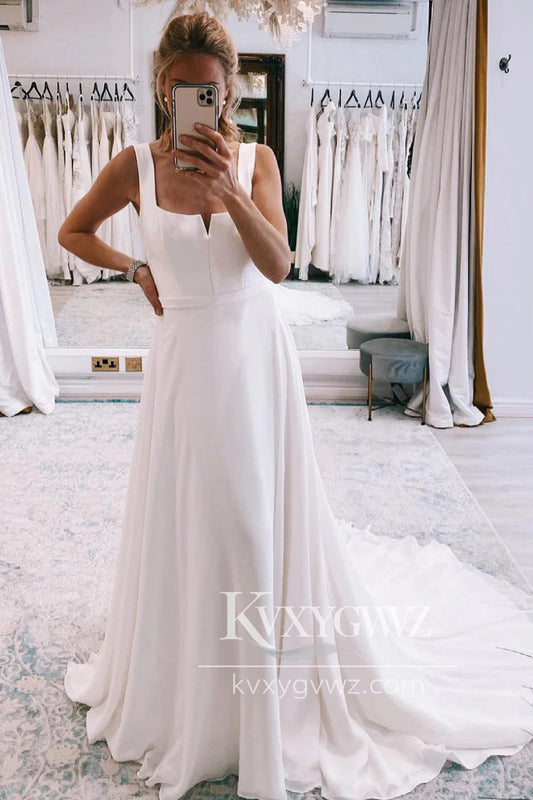 Simple A Line V Neck Satin Long Wedding Dresses Gown With Sweep Train  HS901