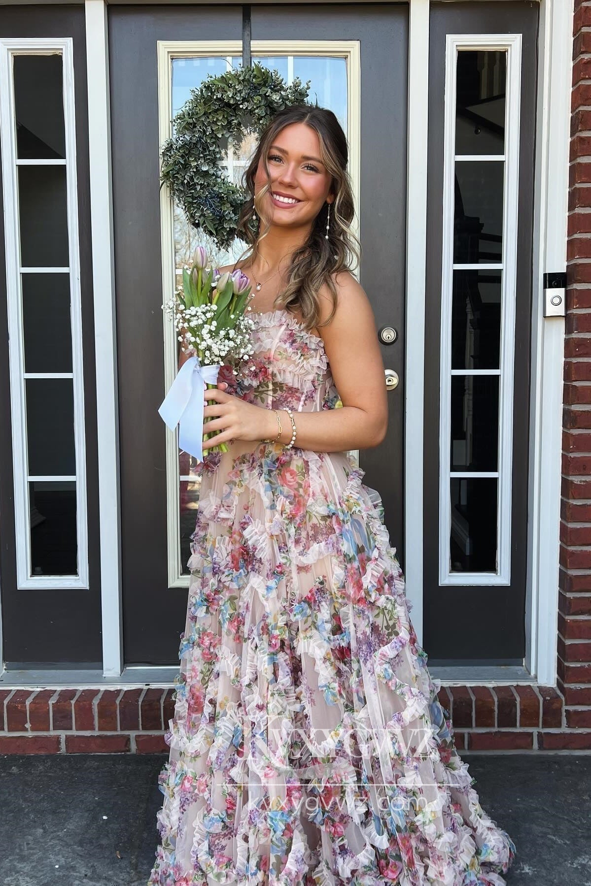 Fairy A-Line Strapless Evening Gown Floral Print Ruffles Long Prom Dress with Slit LF901