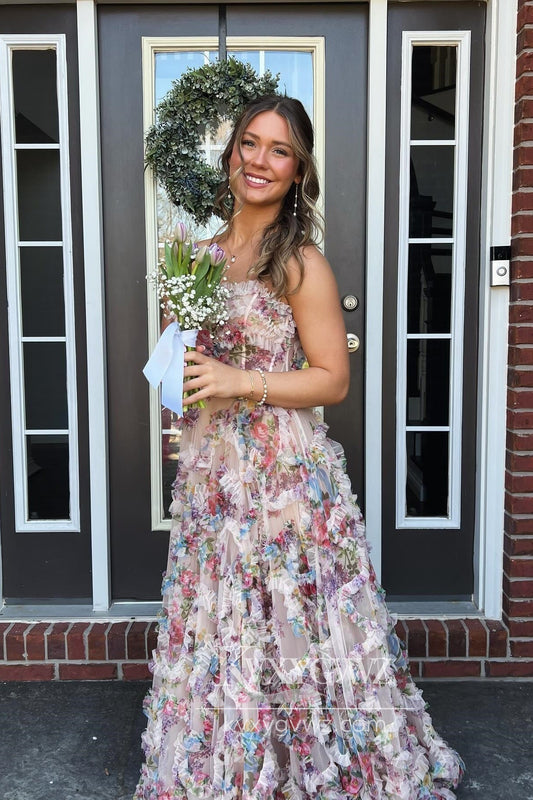 Fairy A-Line Strapless Evening Gown Floral Print Ruffles Long Prom Dress with Slit LF901