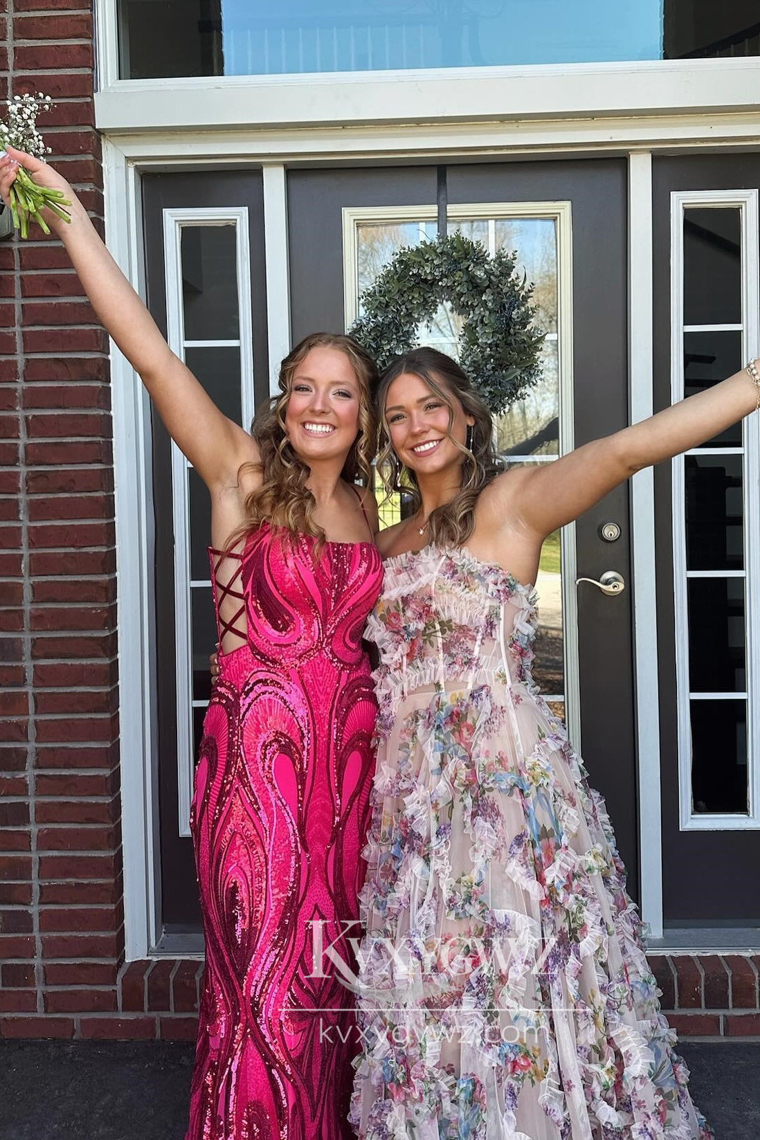 Fairy A-Line Strapless Evening Gown Floral Print Ruffles Long Prom Dress with Slit LF901