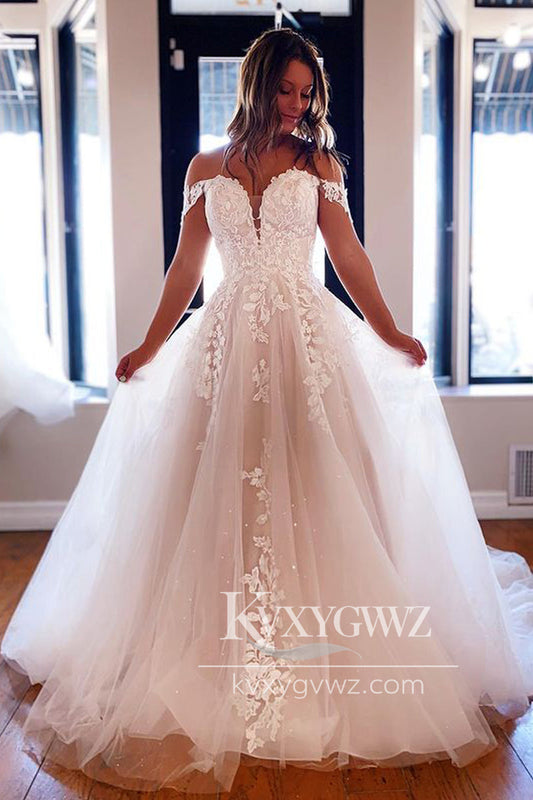 Pastoral Style Ball Gown Off the Shoulder Tulle Wedding Dresses Gown with Appliques HS902