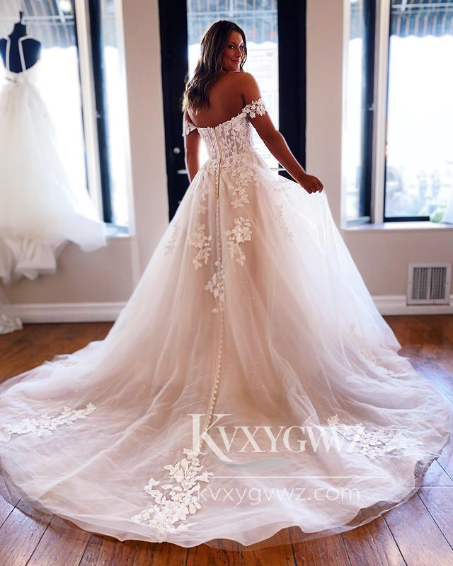 Pastoral Style Ball Gown Off the Shoulder Tulle Wedding Dresses Gown with Appliques HS902