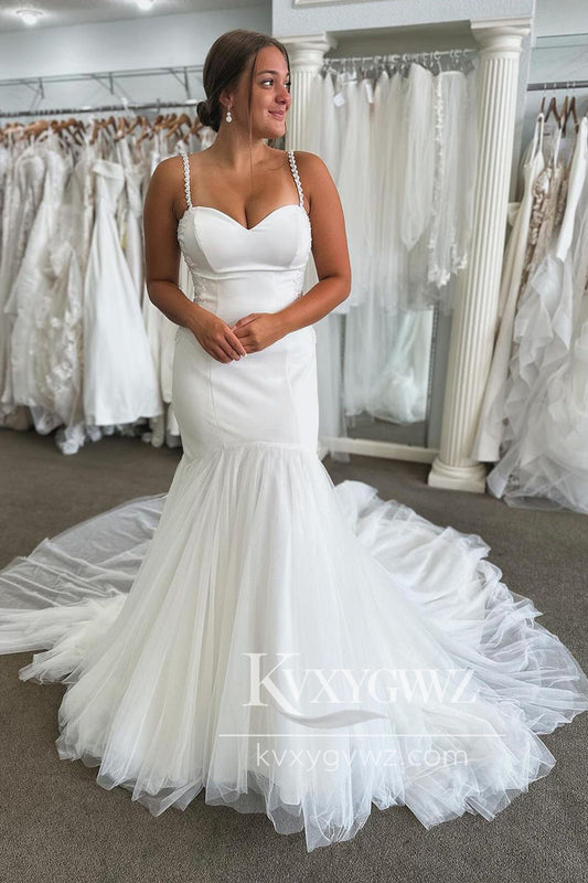 Glamorous Mermaid Sweetheart Straps Tulle Wedding Dresses Gown With Sweep Train HS903