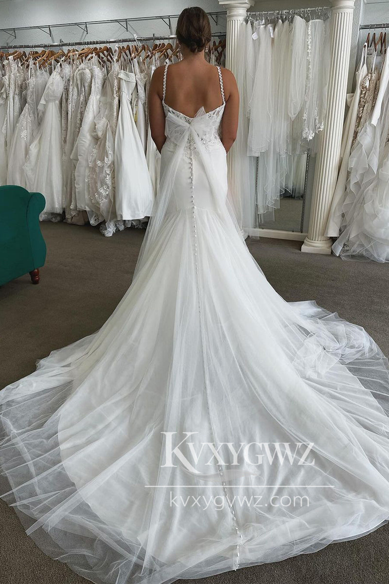 Glamorous Mermaid Sweetheart Straps Tulle Wedding Dresses Gown With Sweep Train HS903