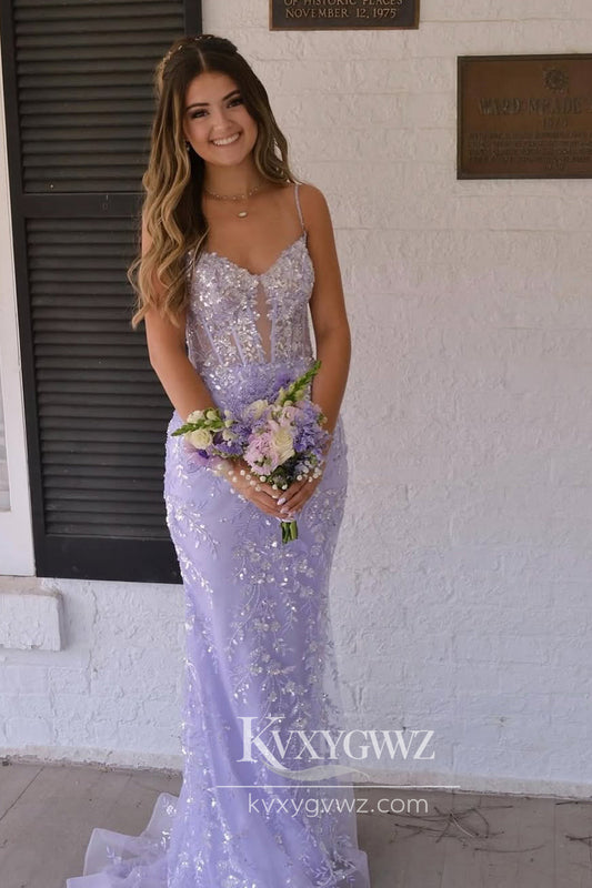 Charming Mermaid V Neck Evening Gown Lavender Sequins Long Prom Dress LF904