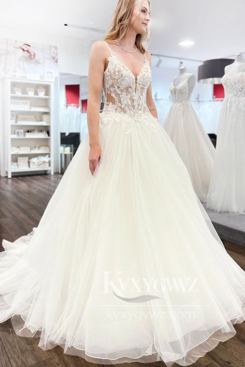 Pastoral Style Ball Gown V Neck Tulle Wedding Dresses Gown with Appliques HS904