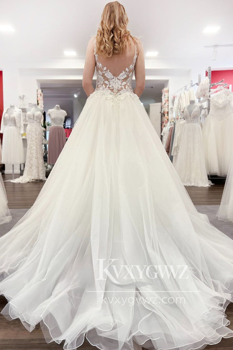 Pastoral Style Ball Gown V Neck Tulle Wedding Dresses Gown with Appliques HS904