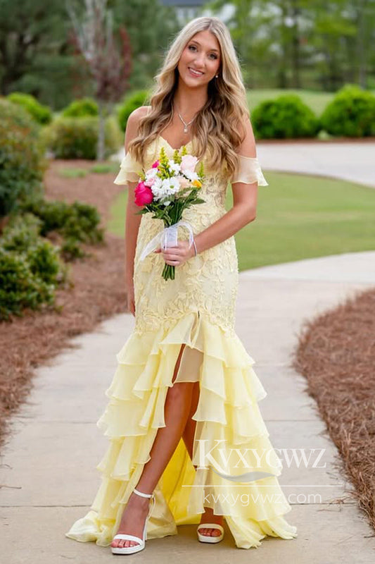 Stunning Mermaid Sweetheart Evening Gown Tiered Chiffon Prom Dress with Slit LF906