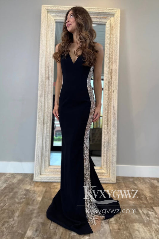 Charming Mermaid V Neck Evening Gown Black Satin Prom Dress with Beading LF907