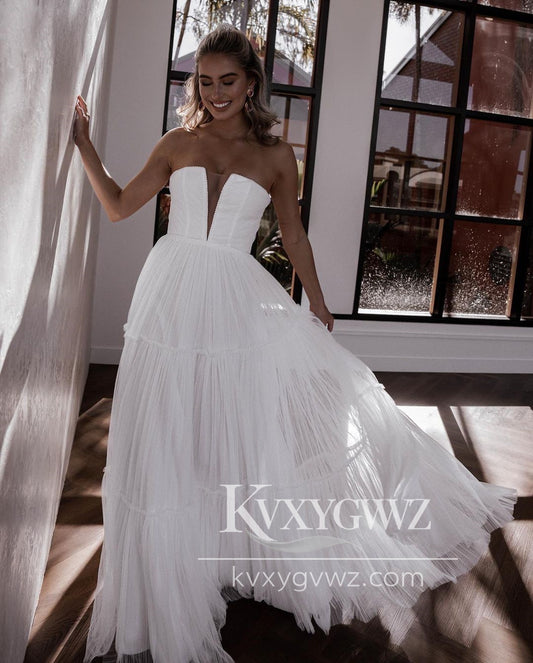 Cute A Line V Neck White Tulle Tiered Wedding Dresses Gown HS907