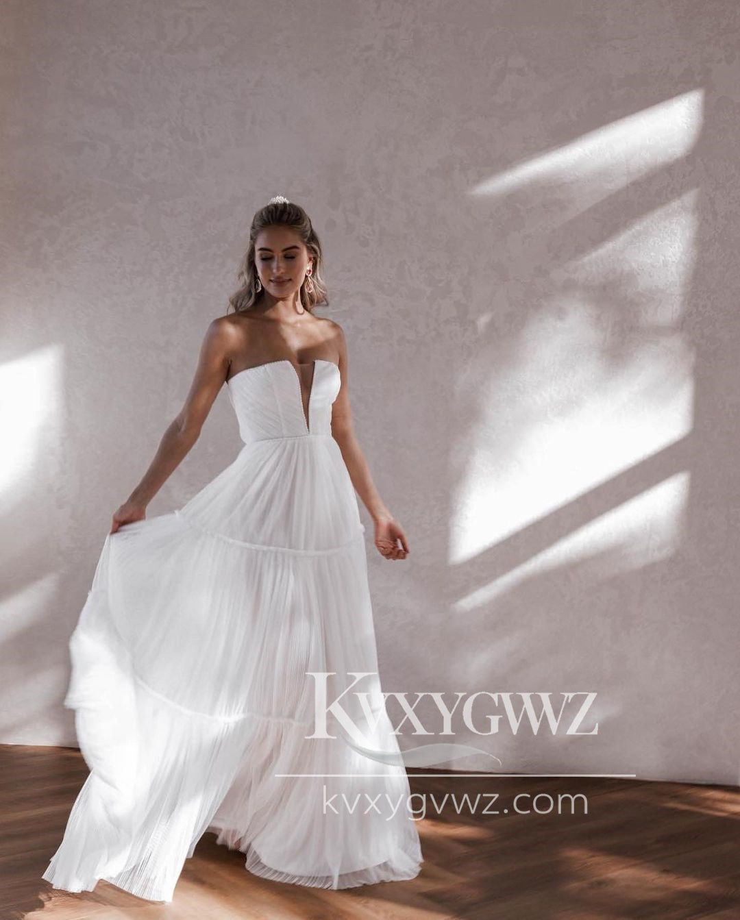 Cute A Line V Neck White Tulle Tiered Wedding Dresses Gown HS907