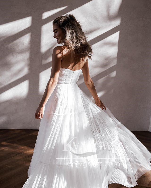 Cute A Line V Neck White Tulle Tiered Wedding Dresses Gown HS907