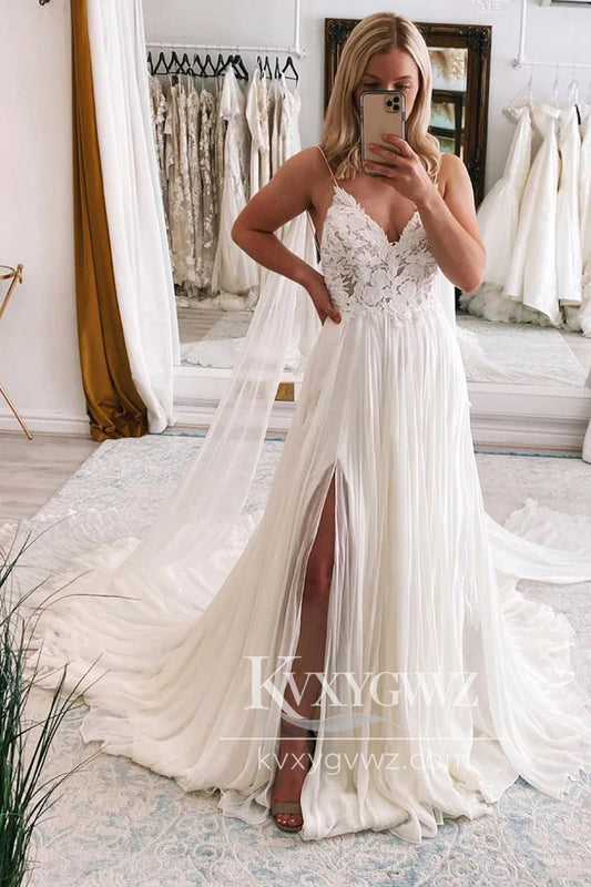Pastoral Style A Line V Neck Chiffon Tulle Beach Wedding Dresses Gown with Slit HS909