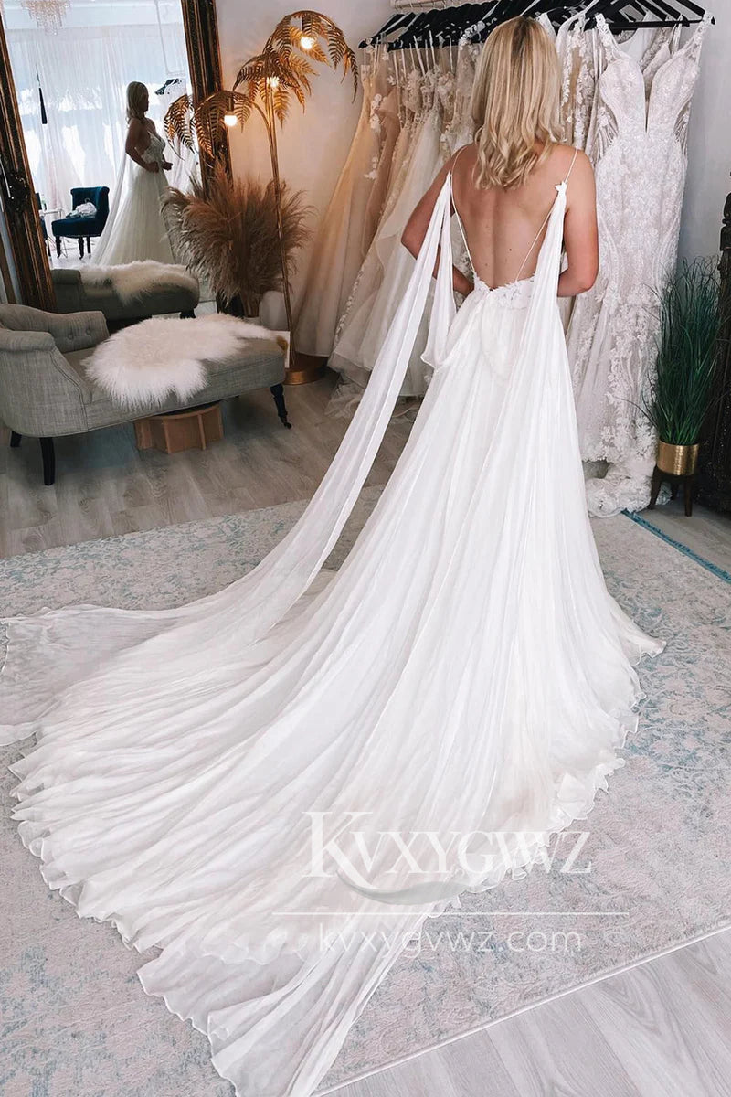 Pastoral Style A Line V Neck Chiffon Tulle Beach Wedding Dresses Gown with Slit HS909