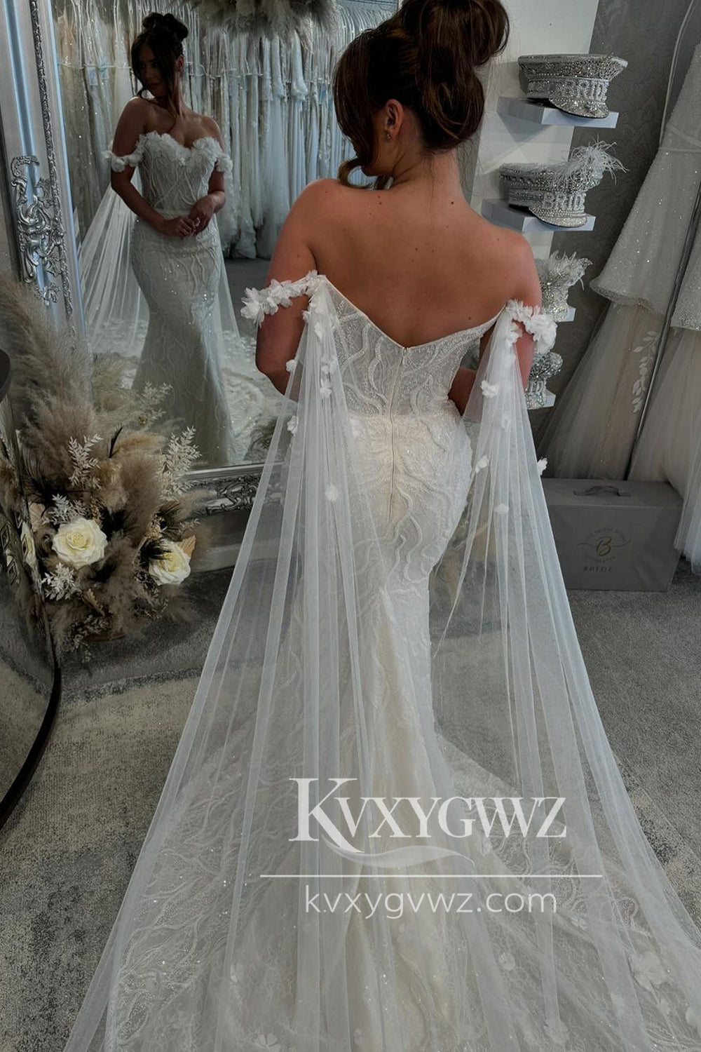 Pastoral Style Mermaid Off the Shoulder Lace Wedding Dresses Gown with 3D Flowers HS910