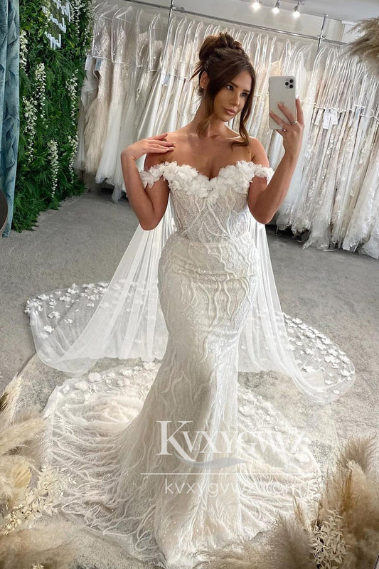 Pastoral Style Mermaid Off the Shoulder Lace Wedding Dresses Gown with 3D Flowers HS910