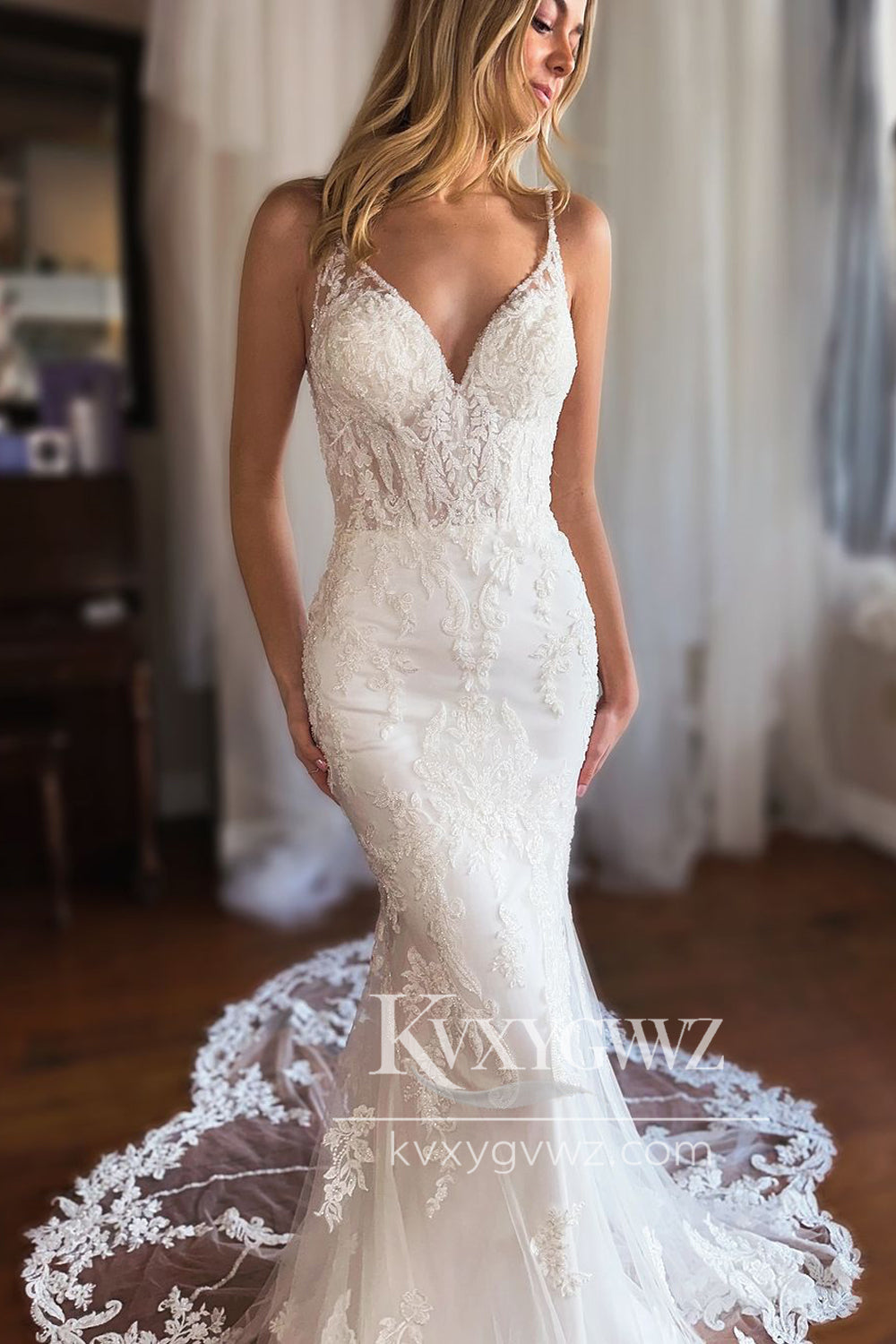 Romantic Mermaid V Neck Lace Long Wedding Dresses Gown HS911