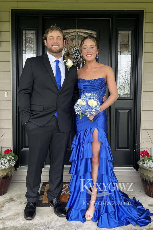 Stunning Mermaid Evening Gown Scoop Neck Royal Blue Prom Dress with Slit LF913