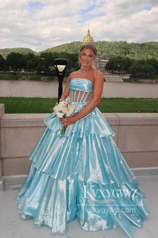 Dazzling Ball Gown Strapless Evening Dress Aqua Tiered Organza Prom Gown with Bow LF914