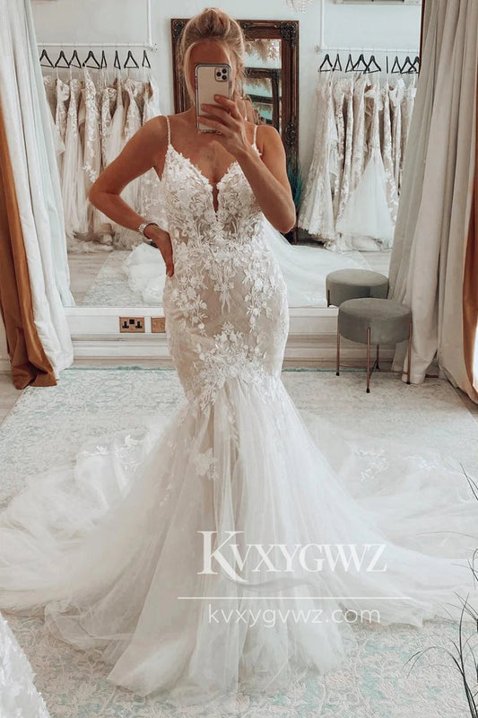 Boho Mermaid V Neck Tulle Lace Long Wedding Dresses Gown with Appliques HS914
