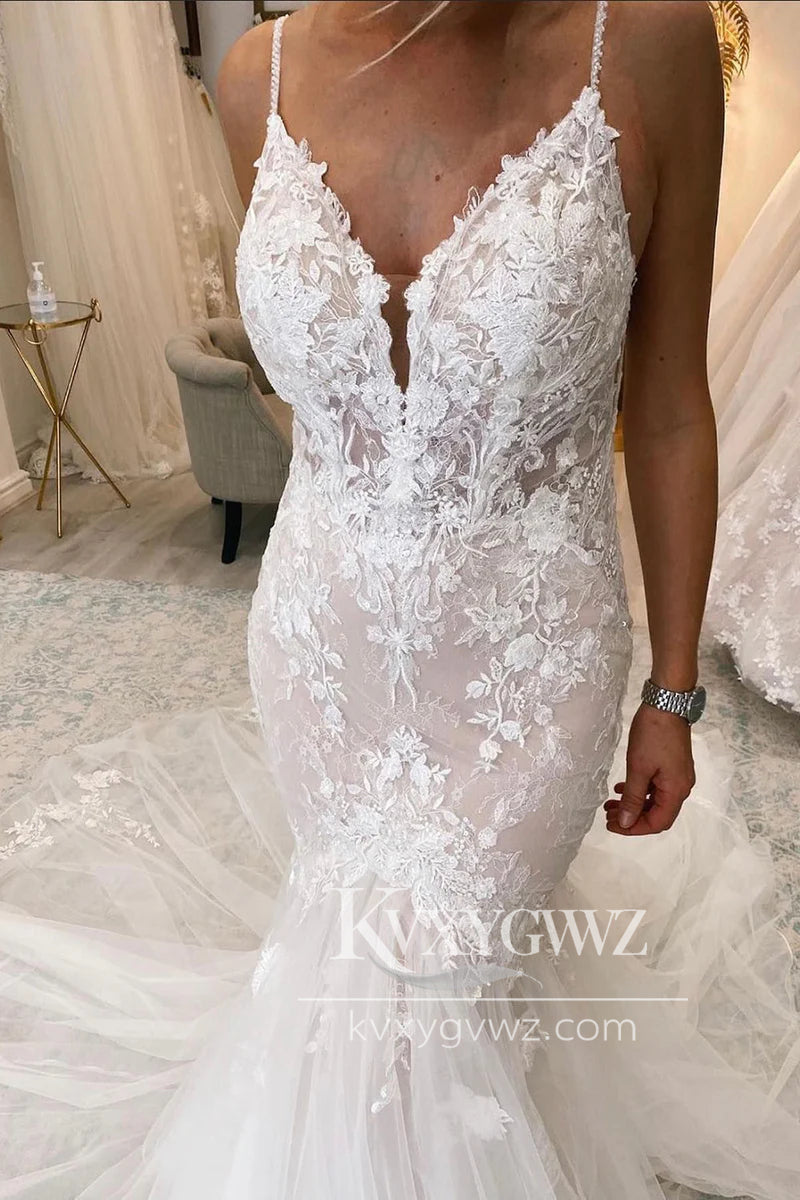 Boho Mermaid V Neck Tulle Lace Long Wedding Dresses Gown with Appliques HS914