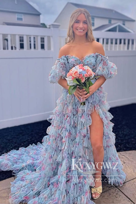 Sweetheart A Line Evening Gown Off the Shoulder Blue Floral Tulle Tiered Prom Dress LF915
