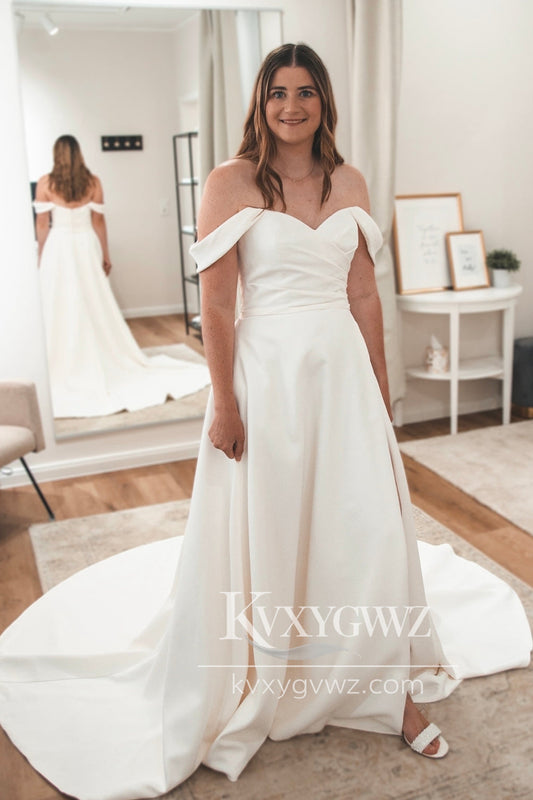 Graceful A Line Off the Shoulder Satin Wedding Dresses Gown HS915