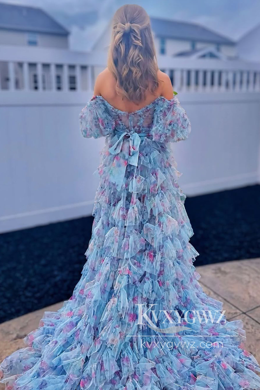 Sweetheart A Line Evening Gown Off the Shoulder Blue Floral Tulle Tiered Prom Dress LF915