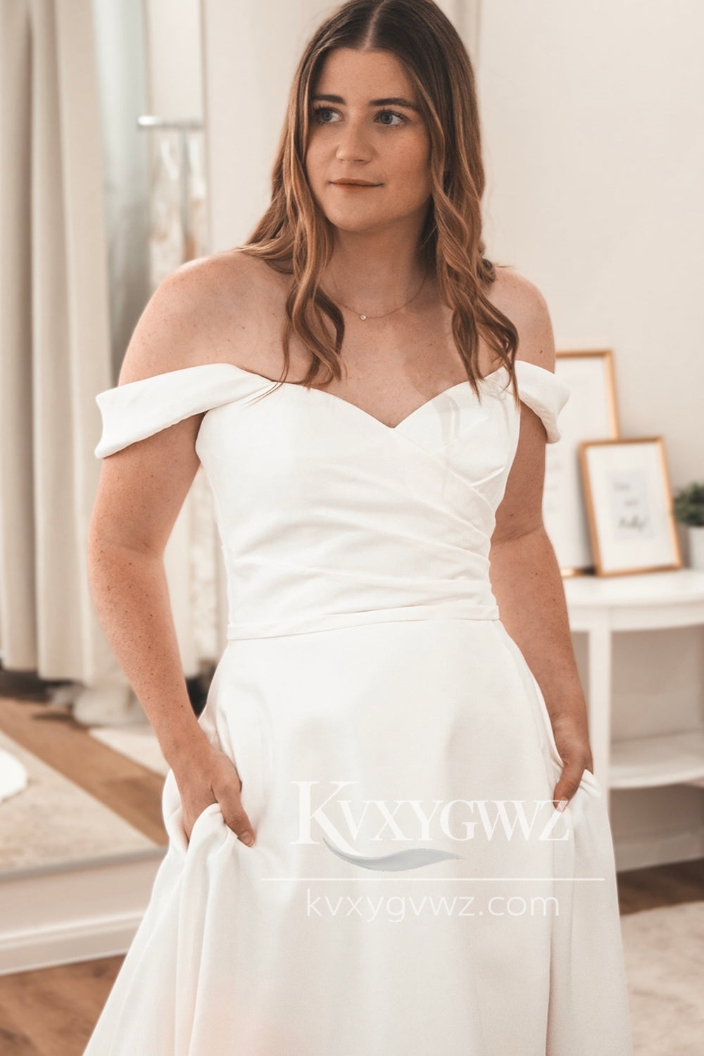 Graceful A Line Off the Shoulder Satin Wedding Dresses Gown HS915