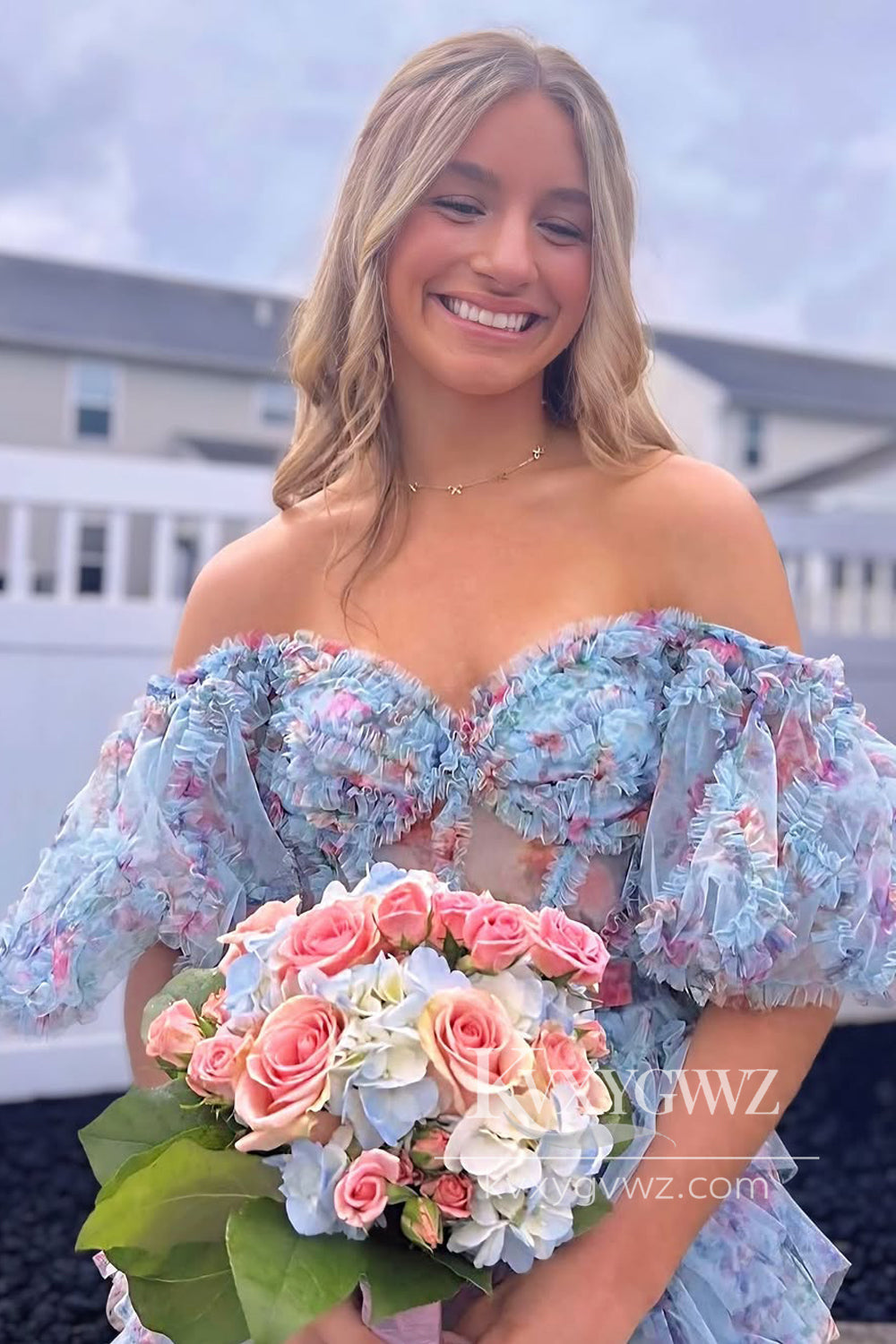Sweetheart A Line Evening Gown Off the Shoulder Blue Floral Tulle Tiered Prom Dress LF915