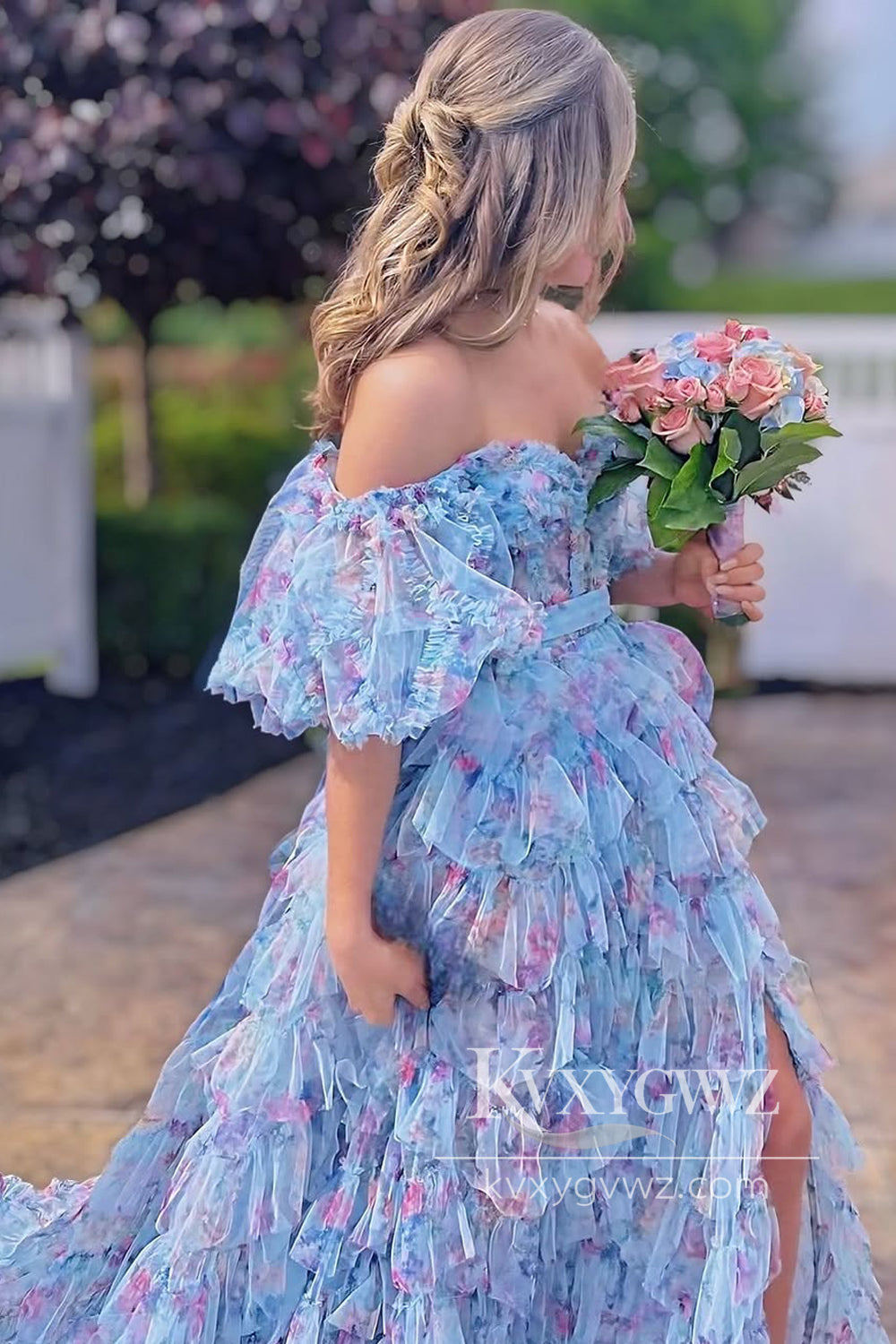 Sweetheart A Line Evening Gown Off the Shoulder Blue Floral Tulle Tiered Prom Dress LF915