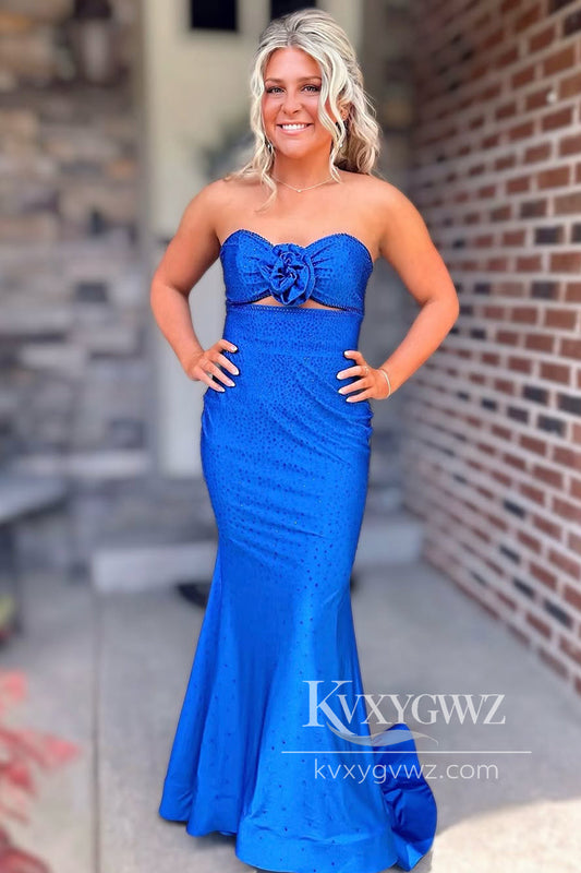 Conspicuous Mermaid Evening Gown Sweetheart Royal Blue Satin Prom Dress with Beading LF917